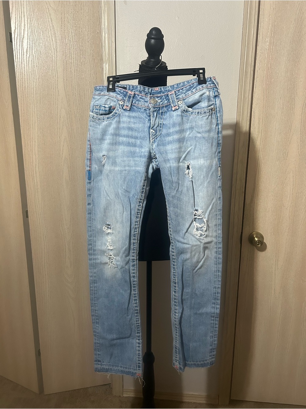 True Religion Light Blue Distressed Straight Leg Jeans